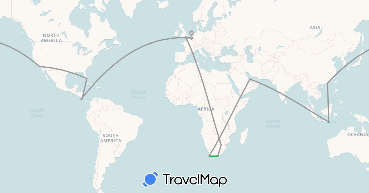 TravelMap itinerary: driving, bus, plane, boat in Belgium, Costa Rica, Hong Kong, Indonesia, Qatar, United States, South Africa (Africa, Asia, Europe, North America)